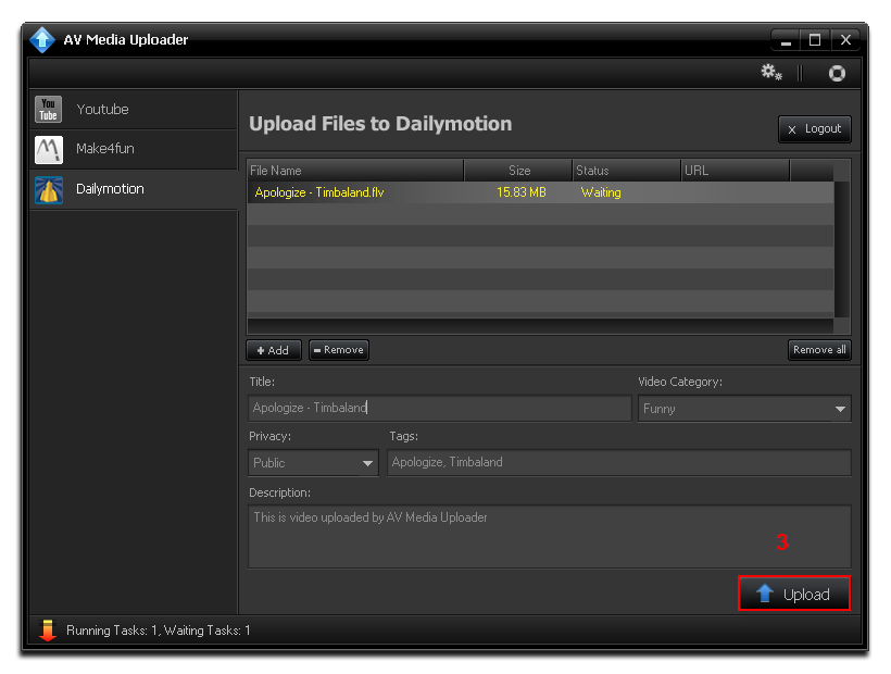 Select upload button on Dailymotion